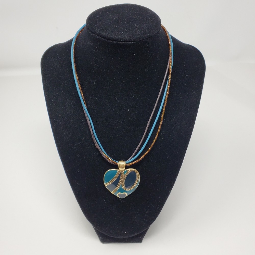 Vintage Brass painted heart pendent w/leather cord